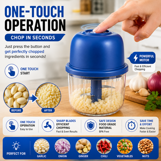 Mini Electric Garlic Chopper - 4 Blades High RPM Gear Rotation Strong Motor