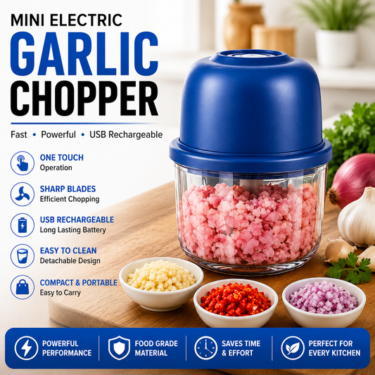 Mini Electric Garlic Chopper - 4 Blades High RPM Gear Rotation Strong Motor